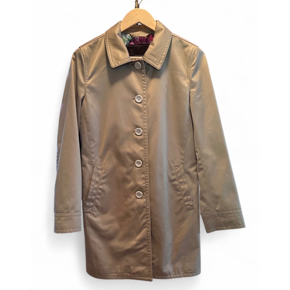 Coach Khaki Tan Trench Coat Floral Signature Lining Button Up Jacket Small